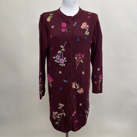 The Quacker Factory Women's Cardigan Sweater Small Maroon Red Embroidered Floral - Picture 1 of 11